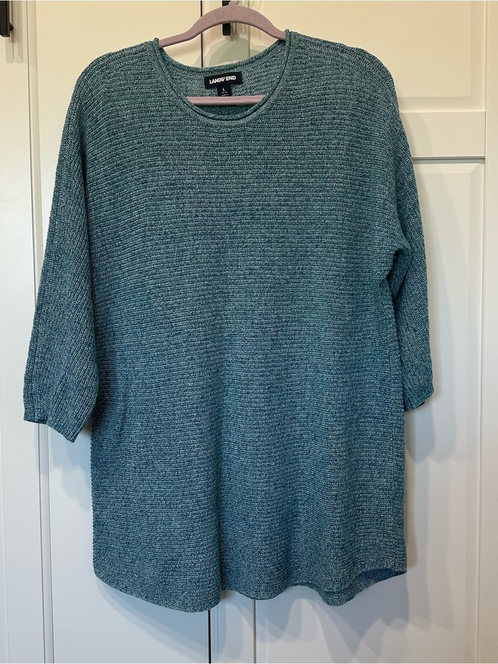 Lands' End Women's Teal Crewneck Sweater,3/4 sleeve,linen/cotton